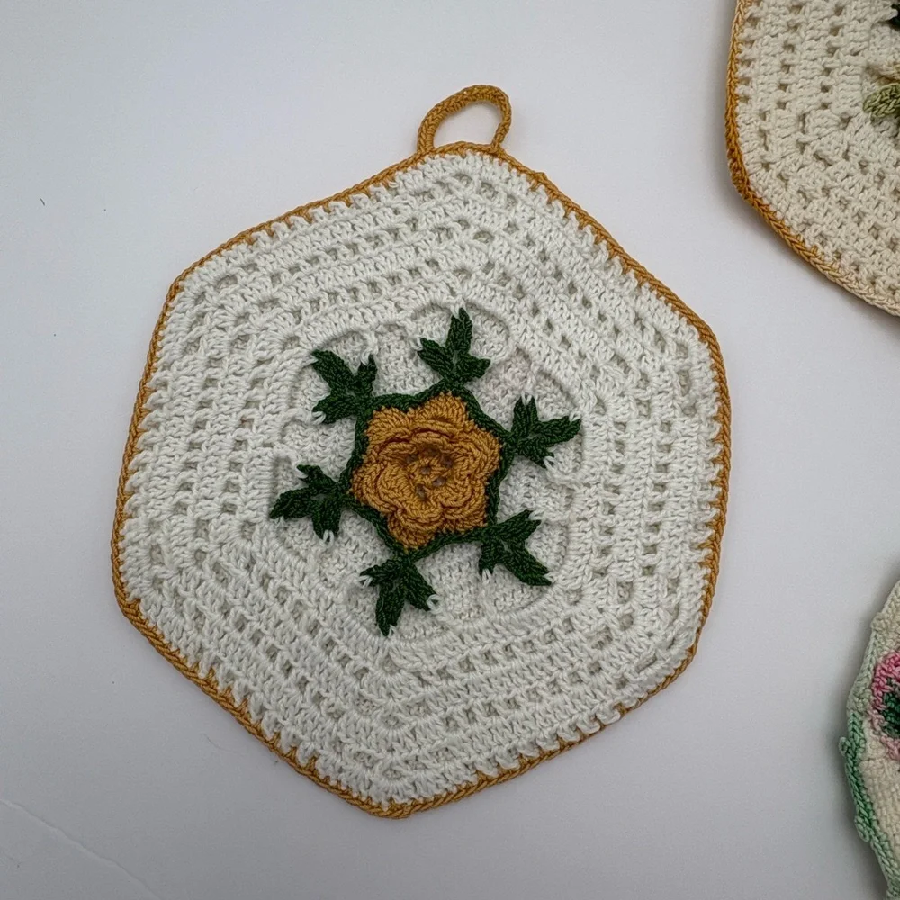 Theee Vintage Handmade Crochet Floral Pot Holders